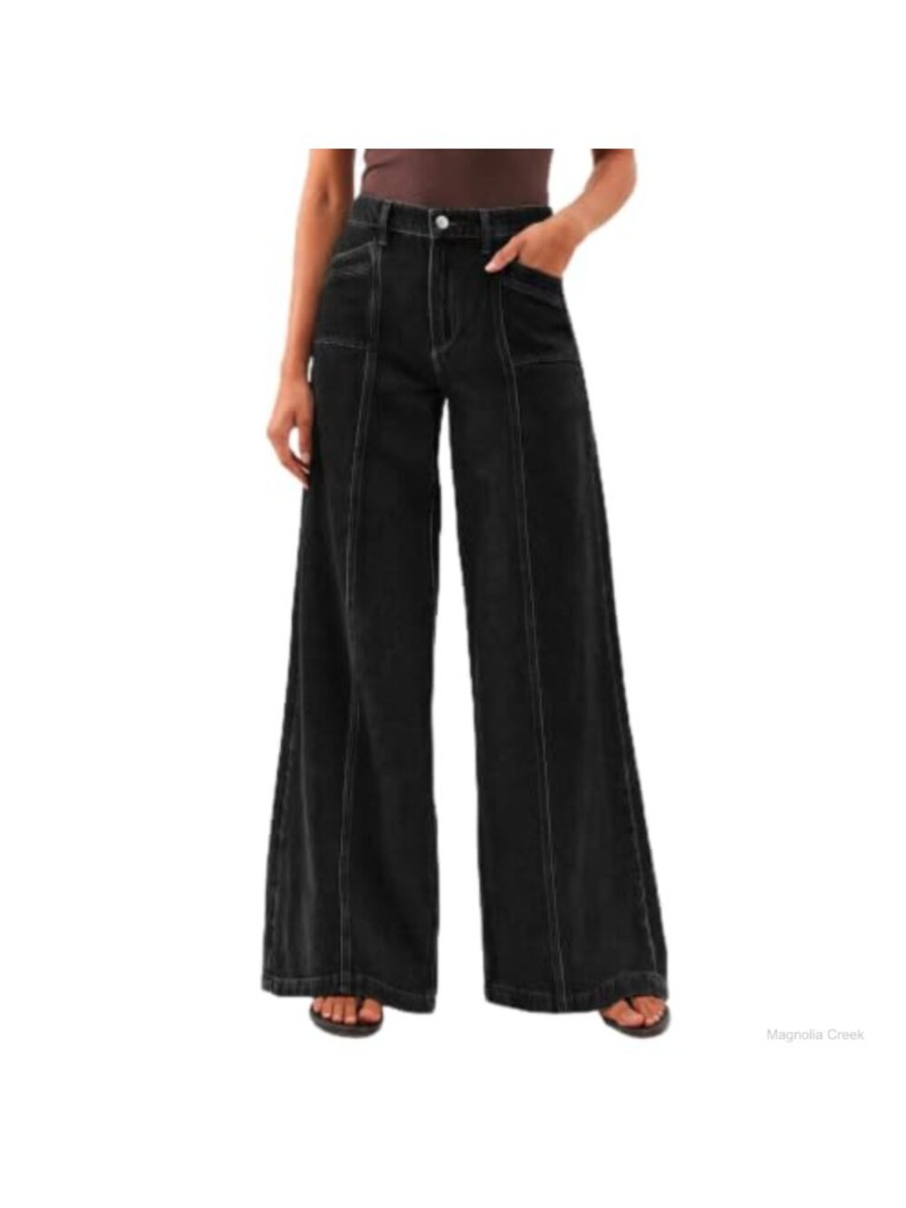 Wide Leg High Waisted Seam Front Stretch Denim Jeans Casual
